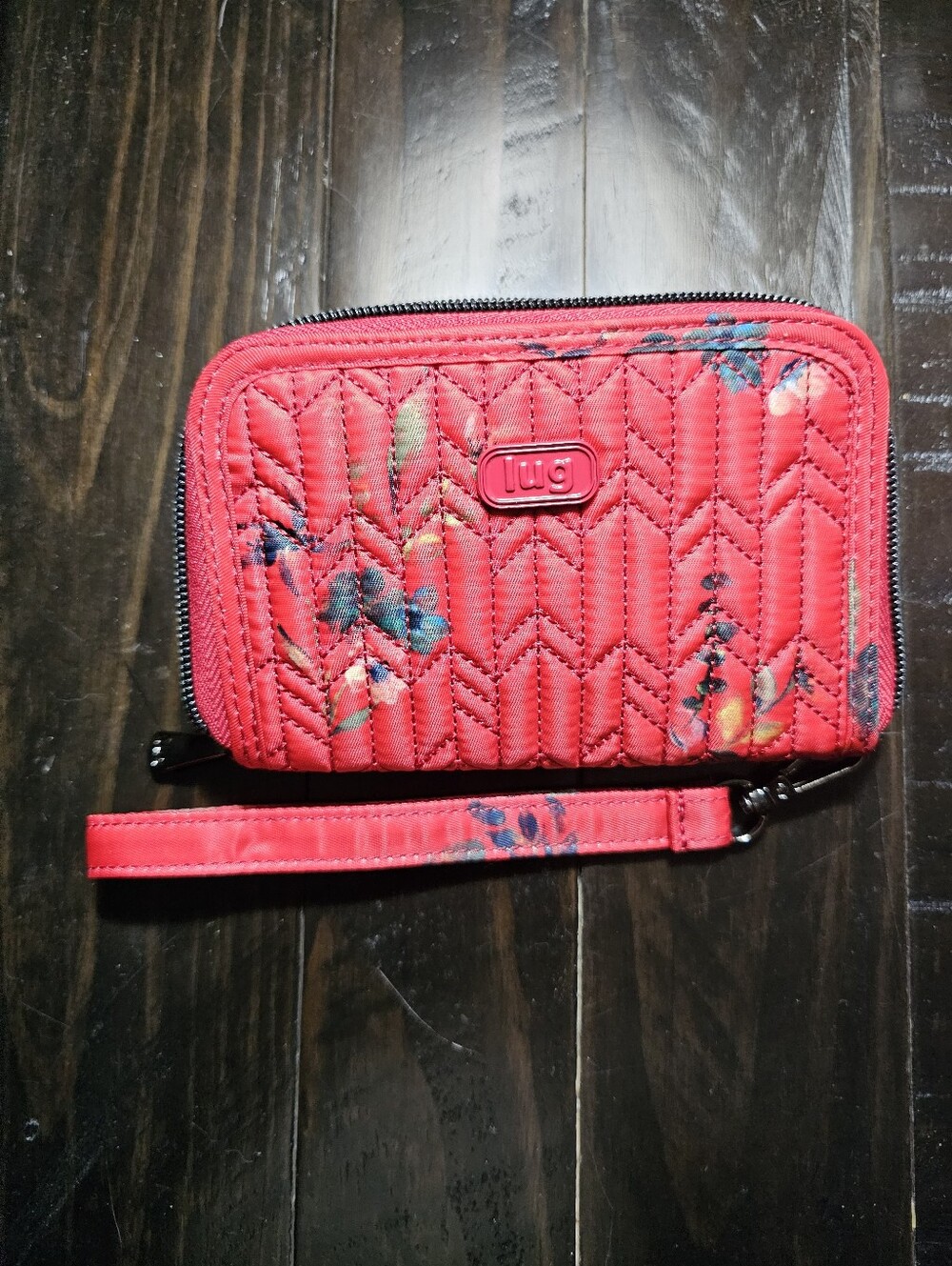lug Quilted Wristlet Wallet in Red with Floral Accents